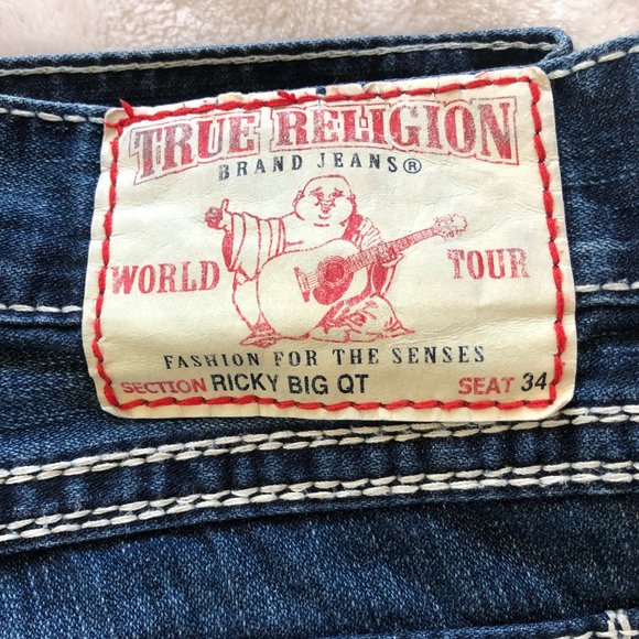 True Religion Ricky Big QT (Straight) Dark Wash White Bold Stitching Size 33 - Picture 5 of 16